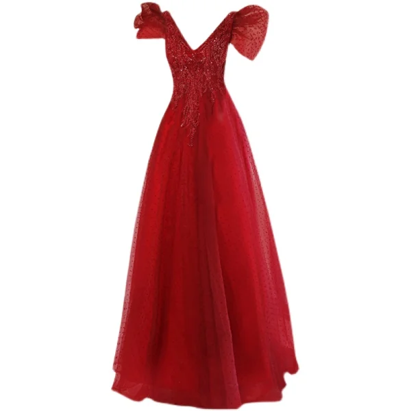 Elegant Burgundy Lace Flower Prom Dresses 2021 A Line Princess V Neck  Beading Pearl Cap Sleeves Backless Floor Length Long Formal Dresses