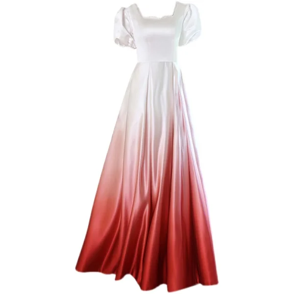 Fashion Gradient-Color Pearl Prom Dresses 2021 A-Line / Princess Satin Square Neckline Puffy Short Sleeve Backless Floor-Length / Long Formal Dresses