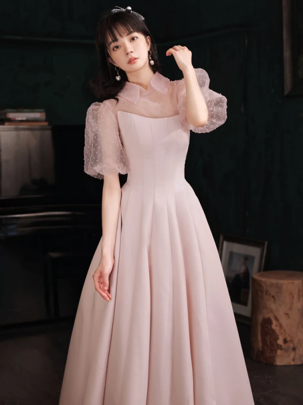 Simple Rougissant Rose Couleur Unie Satin Robe De Bal 2021 Princesse Manches Courtes Longue Robe De Ceremonie