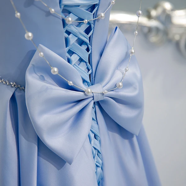 Chic / Belle Bleu Ciel Robe De Bal 2021 Princesse Encolure Carrée Perle Faux Diamant Manches Courtes Dos Nu Noeud Longue Robe De Ceremonie