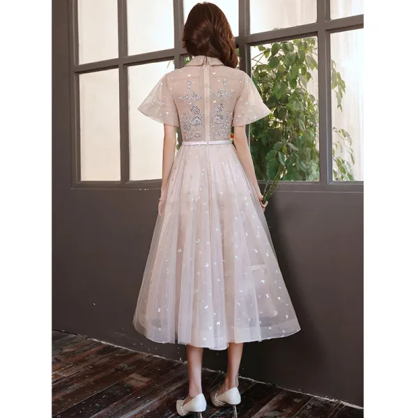 Charmant Rougissant Rose Robe De Soirée Robe De Bal 2021 Princesse Col Haut Papillon Appliques Paillettes En Dentelle Fleur Ceinture Manches Courtes Longue Robe De Ceremonie