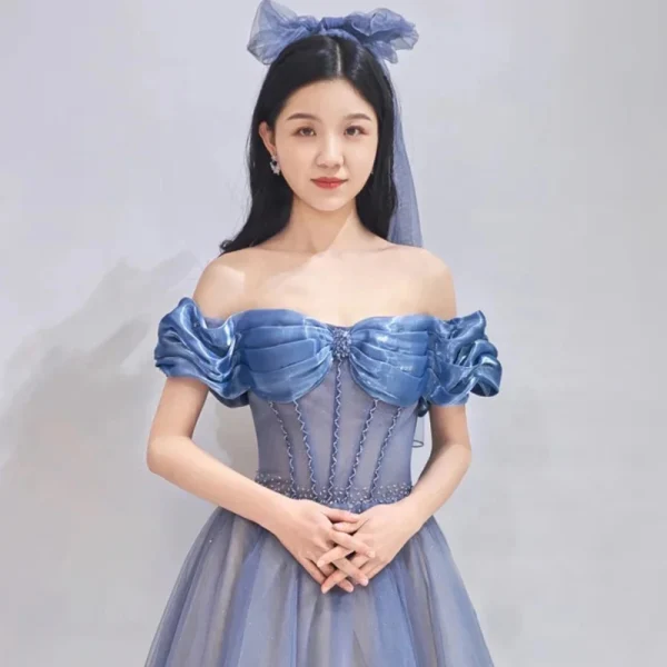 Chic / Beautiful Ocean Blue Prom Dresses 2021 A-Line / Princess Ruffle Off-The-Shoulder Beading Short Sleeve Backless Floor-Length / Long Prom Formal Dresses