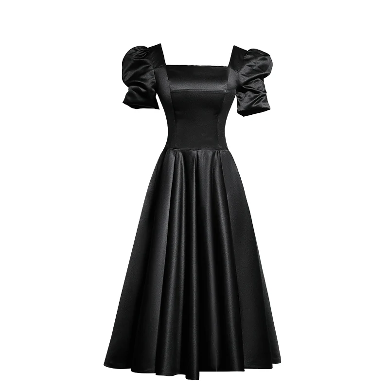 knee length dresses for ladies Zapaka Women Black Satin Midi Graduation Dress with Bow Off the Shoulder A  Line Cocktail Dress – Zapaka CA main image 1