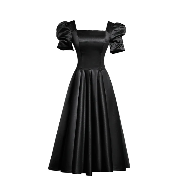 Modest / Simple Black Homecoming Graduation Dresses Little Black Dress 2021 A-Line / Princess Square Neckline Short Sleeve Backless Tea-length Formal Dresses