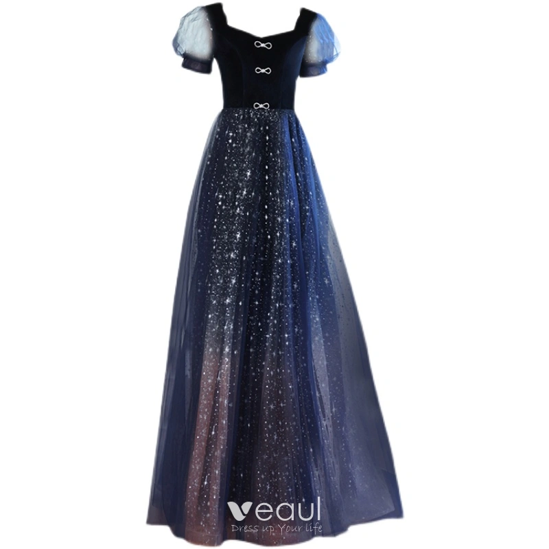 Bling Bling Navy Blue Starry Sky Suede Prom Dresses 2021 A Line Princess Square Neckline Star Sequins Rhinestone Short Sleeve Backless Floor Length Long Formal Dresses Bling Bling Navy Blue Starry Sky Suede Prom Dresses 2021 A Line Princess Square Neckline Star Sequins Rhinestone Short Sleeve Backless Floor Length Long Formal Dresses