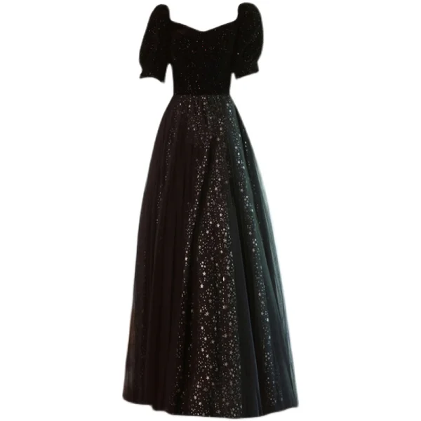 Chic / Belle Bling Bling Noire Étoile Paillettes Robe De Bal 2021 Princesse Encolure Carrée Manches Courtes Longue Robe De Ceremonie
