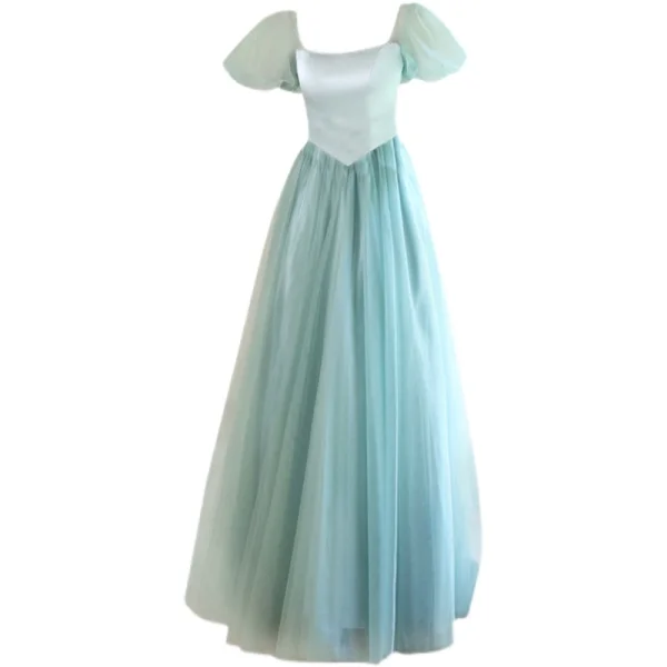 Elegant Mint Green Prom Dresses 2021 A-Line / Princess Square Neckline Puffy Short Sleeve Backless Bow Floor-Length / Long Formal Dresses