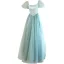 Elegant Mint Green Prom Dresses 2021 A-Line / Princess Square Neckline Puffy Short Sleeve Backless Bow Floor-Length / Long Formal Dresses