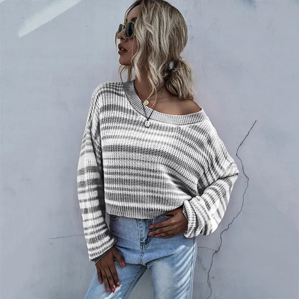 Comfortable Fall Winter Grey Striped Regular Sweaters 2021 Cotton Scoop Neck Long Sleeve Women Tops