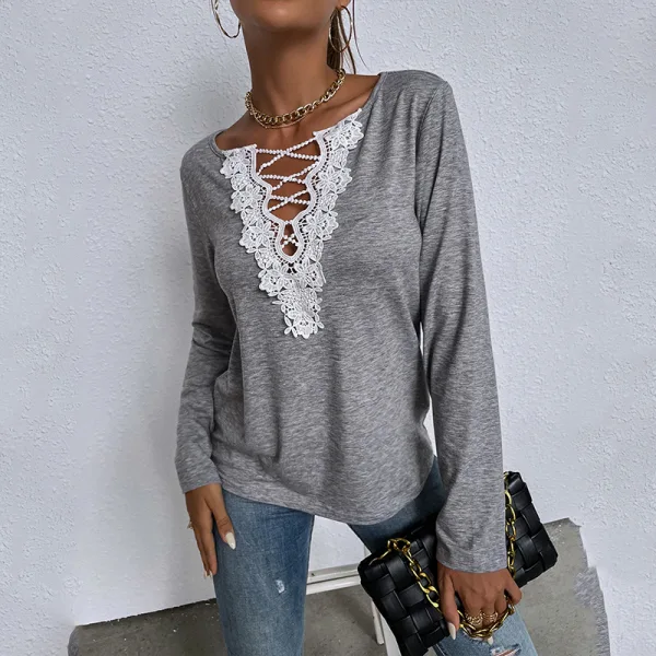 Sexy Fall Winter Street Wear Black Lace Flower T-Shirts 2021 V-Neck Loose Long Sleeve Women Tops