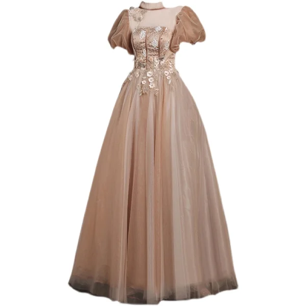 Vintage / Retro Gold Prom Dresses 2021 A-Line / Princess High Neck Beading Appliques Lace Flower Short Sleeve Backless Floor-Length / Long Prom Formal Dresses