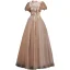 Vintage / Retro Gold Prom Dresses 2021 A-Line / Princess High Neck Beading Appliques Lace Flower Short Sleeve Backless Floor-Length / Long Prom Formal Dresses