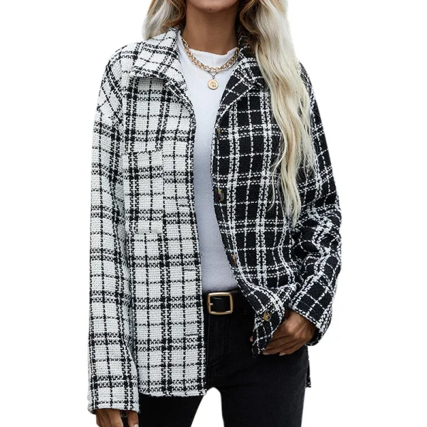 Fashion Two Tone White Black Plaid Fall Winter Street Wear Coats & Jackets 2021 Lapel Loose Long Sleeve Women Tops