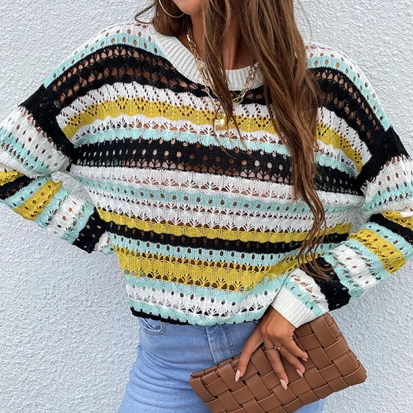 Fashion Fall Winter Street Wear Beach Multi-Colors Stripe Pierced Sweaters 2021 Scoop Neck Long Sleeve Loose Women Tops