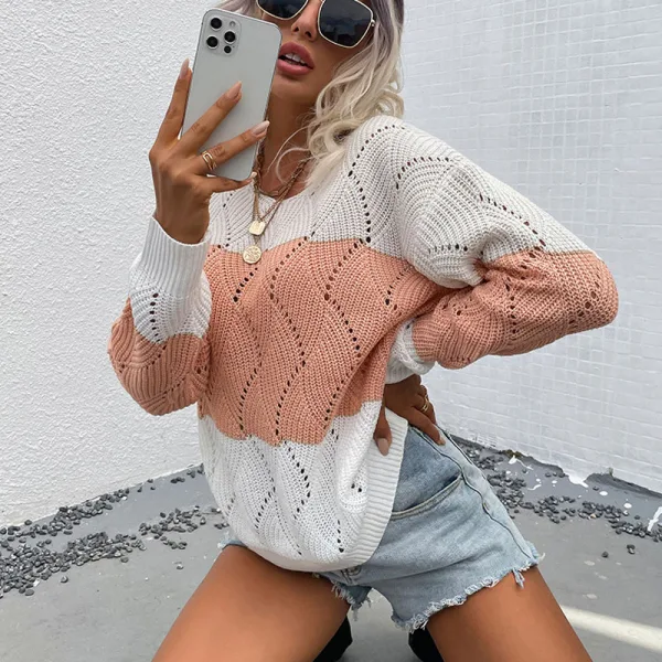 Fashion Yellow Fall Winter Street Wear Pierced Knitting Sweaters 2021 V-Neck Long Sleeve Loose Women Tops
