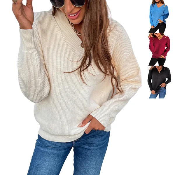 Fall Winter Street Wear Pool Blue Solid Color Knitting Sweaters 2021 V-Neck Long Sleeve Loose Women Tops