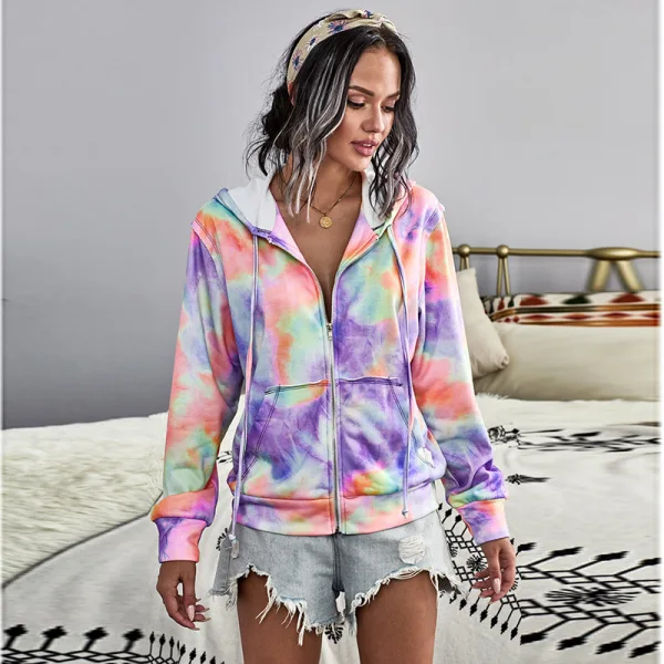 Fashion Fall Winter Street Wear Multi-Colors Tie-dye Sweatshirts 2021 V-Neck Long Sleeve Loose Hooded Women Tops
