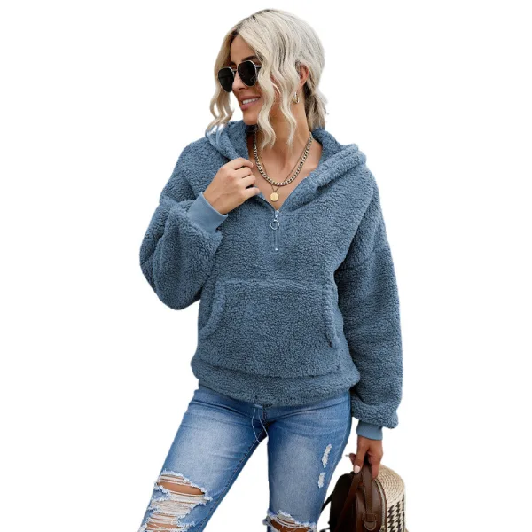Fashion Fall Winter Ocean Blue Street Wear Plush Hooded Sweatshirts 2021 Long Sleeve Loose Women Tops