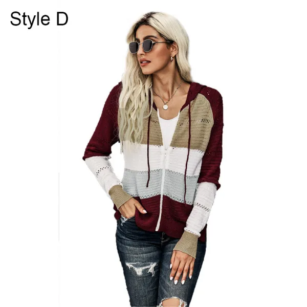 Fashion Fall Winter Burgundy Multi-Colors Stripe Street Wear Hooded Sweatshirts 2021 Long Sleeve Loose Women Tops