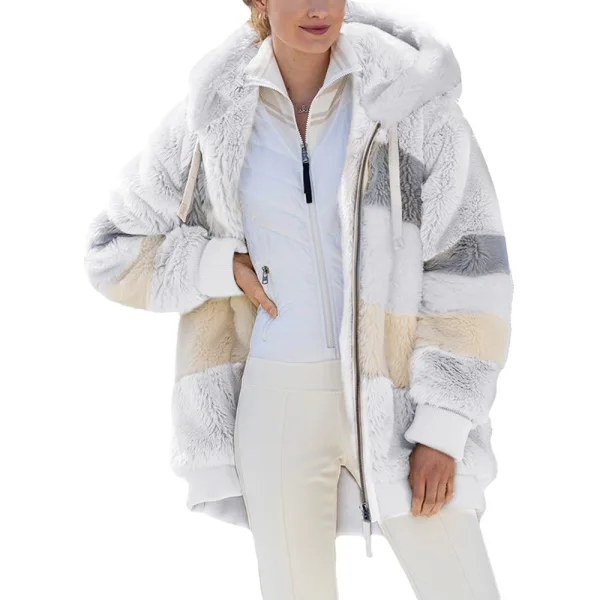 Fashion Fall Winter Street Wear Khaki Patchwork Plush Hooded Coats & Jackets 2021 Long Sleeve Women Tops
