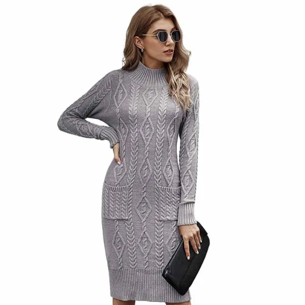 Fashion Fall Winter Street Wear Grey Knitting Women Dresses 2021 Tight High Neck Long