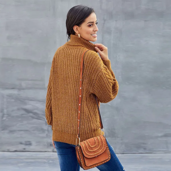 Comfortable Fall Winter Royal Blue Street Wear Knitting Loose Sweaters 2021 High Neck Long Sleeve Women Tops