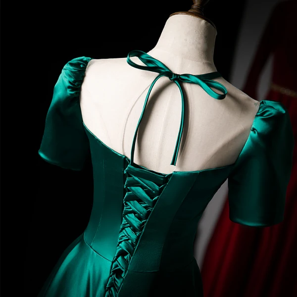 Vintage / Retro Dark Green Satin Prom Dresses 2021 A-Line / Princess Scoop Neck Short Sleeve Backless Bow Floor-Length / Long Prom Formal Dresses