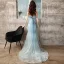 Étourdissant Bleu Ciel Paillettes Robe De Soirée 2021 Trompette / Sirène Bustier Sans Manches Dos Nu Noeud Train De Balayage Soirée Robe De Ceremonie