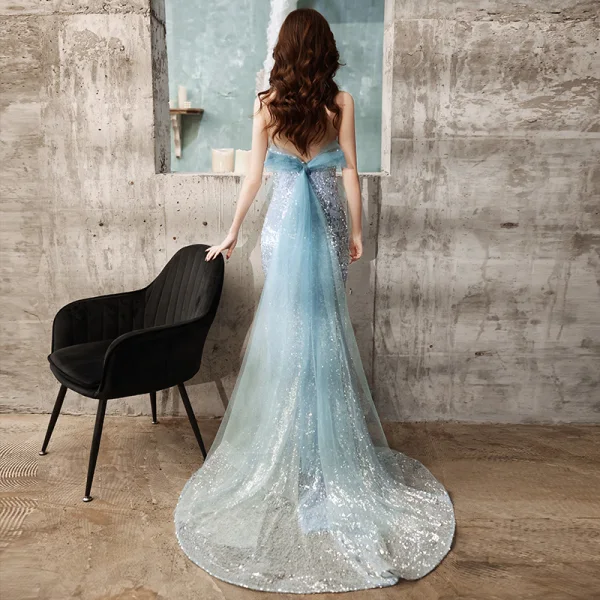 Stunning Sky Blue Sequins Evening Dresses 2021 Trumpet Mermaid Strapless  Sleeveless Backless Bow Sweep Train Evening Party Formal Dresses