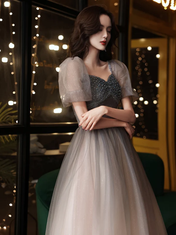 Fashion Glitter Grey Homecoming Graduation Dresses 2021 A-Line / Princess Square Neckline Beading Crystal Short Sleeve Backless Tea-length Formal Dresses