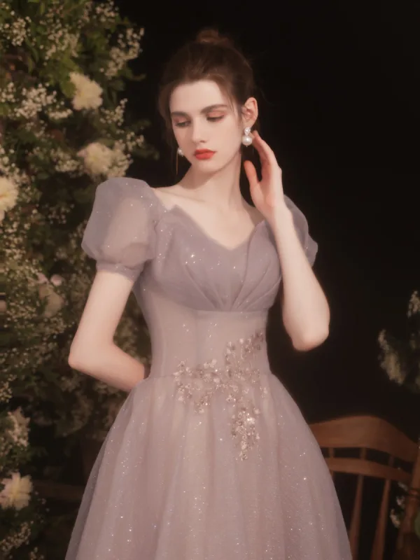 Vintage / Retro Glitter Dusky Pink Evening Dresses  Prom Dresses 2021 A-Line / Princess V-Neck Lace Flower Short Sleeve Backless Floor-Length / Long Formal Dresses