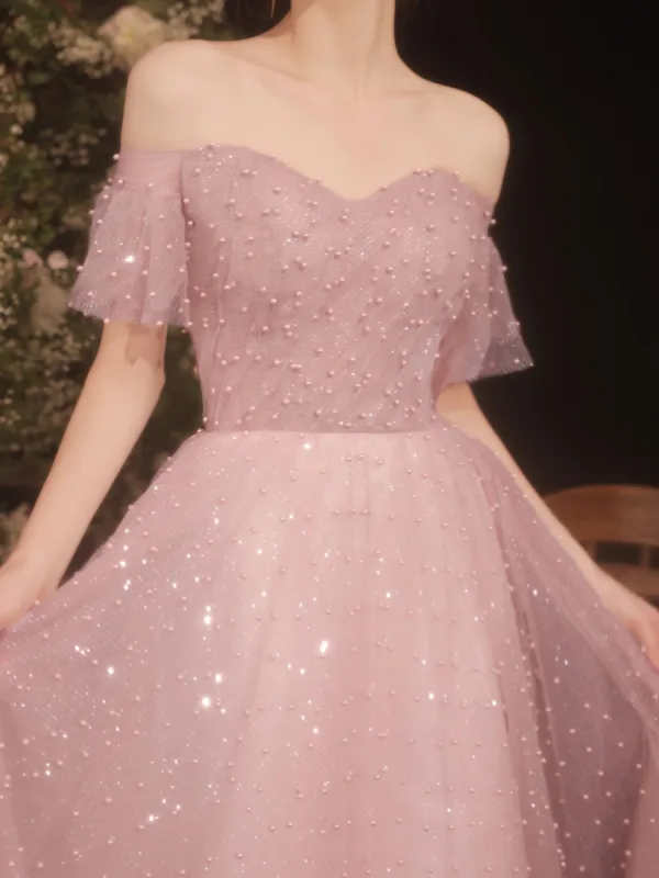 Chic / Beautiful Dusky Pink Glitter Pearl Prom Dresses 2021 A-Line / Princess Off-The-Shoulder Short Sleeve Backless Tea-length Prom Formal Dresses