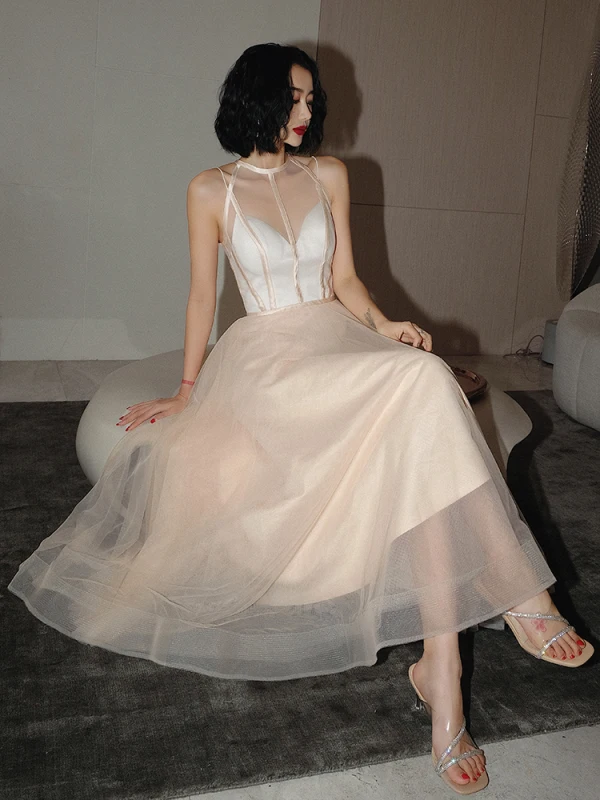 Fashion Champagne Prom Dresses 2021 A-Line / Princess Scoop Neck Sash Sleeveless Tea-length Prom Formal Dresses