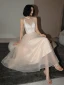 Fashion Champagne Prom Dresses 2021 A-Line / Princess Scoop Neck Sash Sleeveless Tea-length Prom Formal Dresses