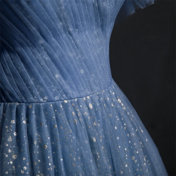 Fashion Ocean Blue Glitter Starry Sky Evening Dresses  Prom Dresses 2021 A-Line / Princess Ruffle Square Neckline Sleeveless Backless Floor-Length / Long Formal Dresses