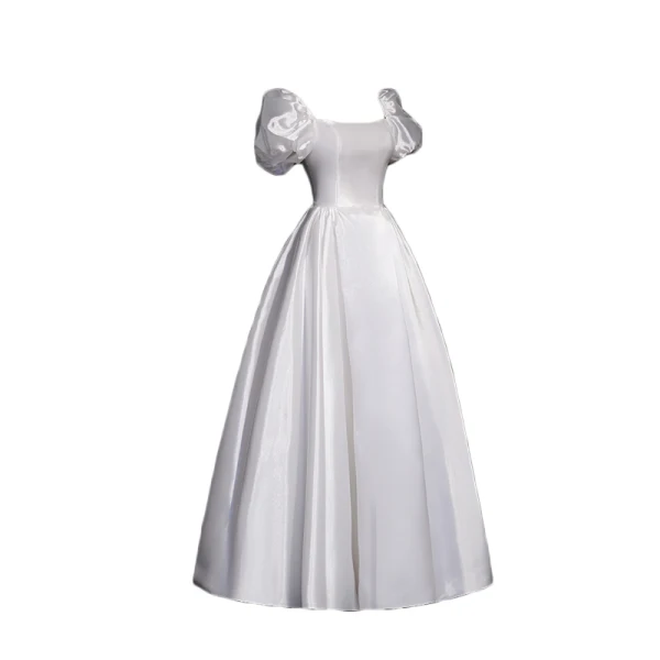 Vintage Schlicht Ivory / Creme Satin Brautkleider / Hochzeitskleider 2021 A Linie Eckiger Ausschnitt Kurze Ärmel Rückenfreies Wadenlang Hochzeit