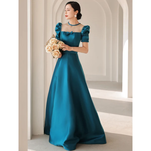 Vintage / Retro Royal Blue Satin Prom Dresses 2021 A-Line / Princess Scoop Neck Short Sleeve Backless Bow Floor-Length / Long Prom Formal Dresses