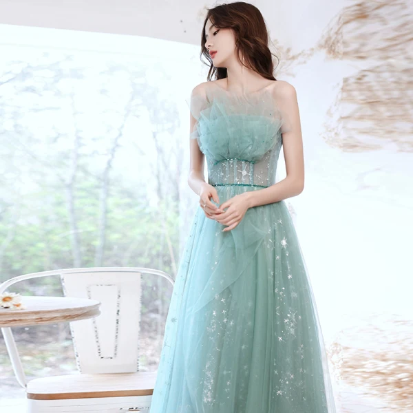 Elegant Mint Green Glitter Prom Dresses 2021 A-Line / Princess Strapless Beading Lace Sleeveless Backless Floor-Length / Long Prom Formal Dresses
