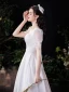 Schlicht Elegante Ivory / Creme Satin Brautkleider / Hochzeitskleider A Linie 2021 Eckiger Ausschnitt Kurze Ärmel Rückenfreies Lange Hochzeit