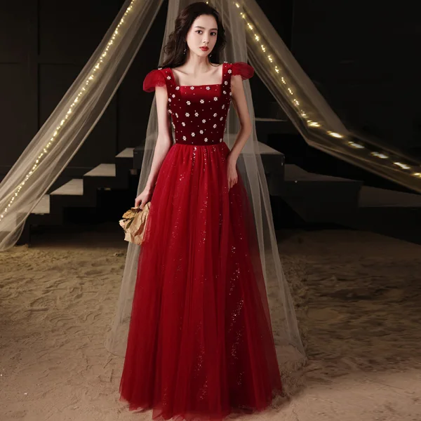 Vintage / Retro Red Pearl Sequins Prom Dresses 2021 A-Line / Princess Square Neckline Short Sleeve Backless Floor-Length / Long Prom Formal Dresses