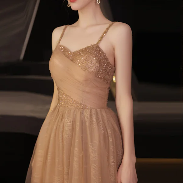 Modern / Fashion Champagne Beading Prom Dresses 2021 A-Line / Princess Spaghetti Straps Sleeveless Backless Floor-Length / Long Prom Formal Dresses