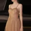 Modern / Fashion Champagne Beading Prom Dresses 2021 A-Line / Princess Spaghetti Straps Sleeveless Backless Floor-Length / Long Prom Formal Dresses