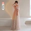 Fashion Champagne Bridesmaid Dresses 2021 A-Line / Princess Square Neckline Star Lace Sequins Bow Short Sleeve Backless Floor-Length / Long Bridesmaid Wedding Party Dresses
