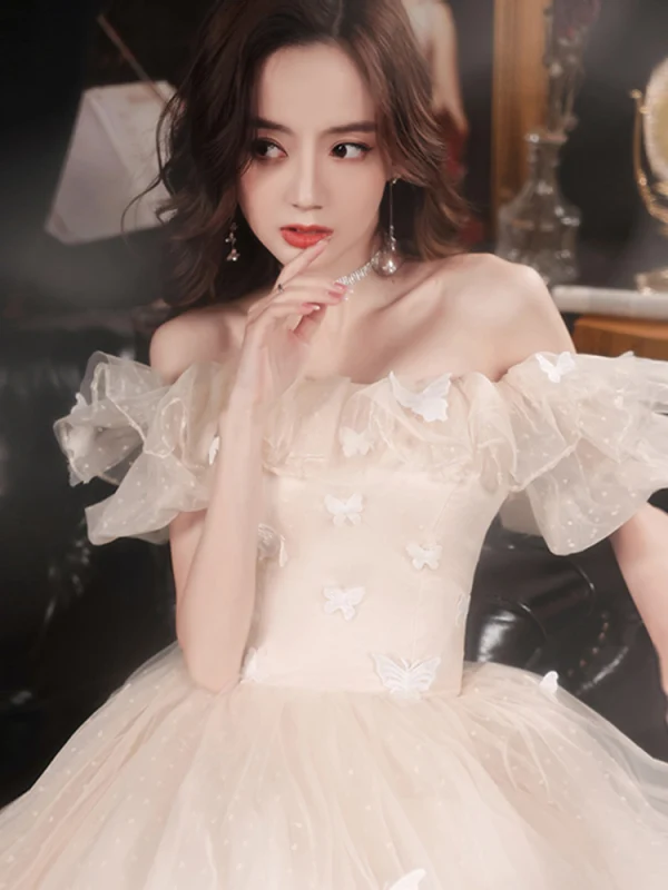Modern / Fashion Champagne Lace Butterfly Prom Dresses 2021 A-Line / Princess Off-The-Shoulder Puffy Short Sleeve Backless Floor-Length / Long Prom Formal Dresses