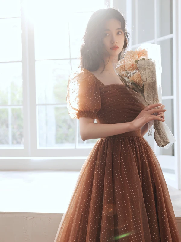 Vintage / Retro Brown Spotted Prom Dresses 2021 A-Line / Princess Square Neckline Puffy Short Sleeve Backless Floor-Length / Long Prom Formal Dresses