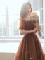 Vintage / Retro Brown Spotted Prom Dresses 2021 A-Line / Princess Square Neckline Puffy Short Sleeve Backless Floor-Length / Long Prom Formal Dresses