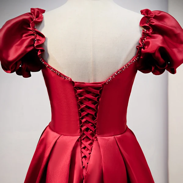 Vintage / Retro Burgundy Satin Prom Dresses 2021 A-Line / Princess Rhinestone Square Neckline Cap Sleeves Backless Floor-Length / Long Formal Dresses