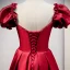 Vintage / Retro Burgundy Satin Prom Dresses 2021 A-Line / Princess Rhinestone Square Neckline Cap Sleeves Backless Floor-Length / Long Formal Dresses