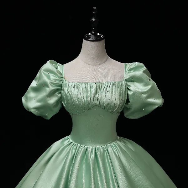 Elegant Sage Green Satin Prom Dresses 2022 Square Neckline Puffy Short Sleeve Bow Backless Floor-Length / Long Formal Dresses Prom