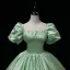 Elegant Sage Green Satin Prom Dresses 2022 Square Neckline Puffy Short Sleeve Bow Backless Floor-Length / Long Formal Dresses Prom